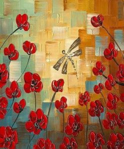 Dragonfly Red Flowers - Paint By Numbers