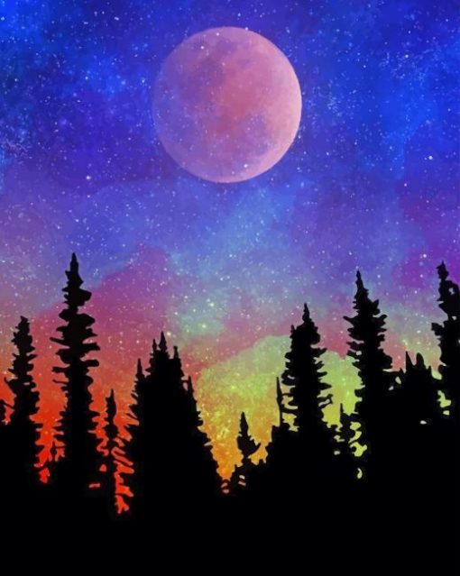 Galaxy Sky trees Silhouette paint By Numbers