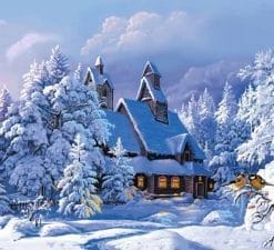Snowy Cabin In the Woods - Paint By Number