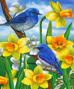 Bluebirds And Wild daffodils paint by numbers