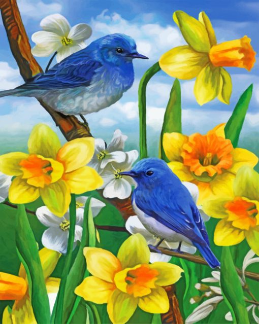 Bluebirds And Wild daffodils paint by numbers