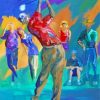 Golf players paint by numbers
