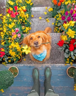 Puppy And Flowers Paint by numbers
