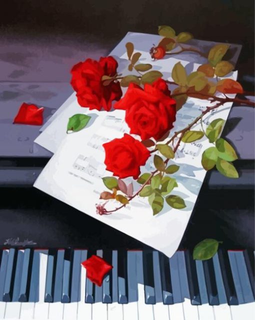 Red Flowers And Piano paint by numbe