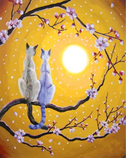 Siamese Cats Nestled In Golden Sakura paint by number