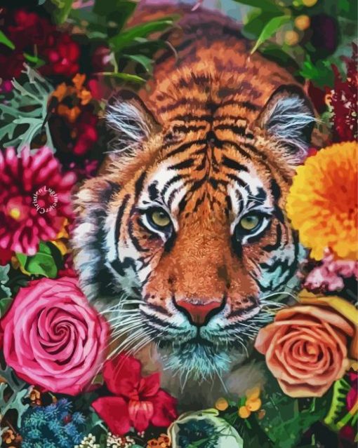 Cool Tiger And Flowers paint by numbers